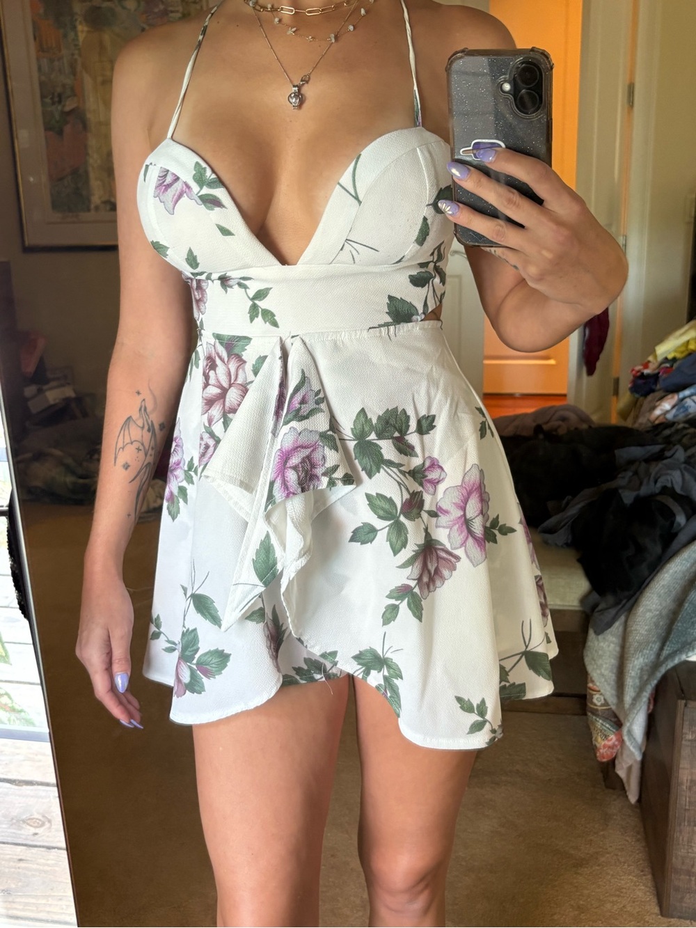 L'ATISTE White Mini Dress Romper with Pink Floral Print